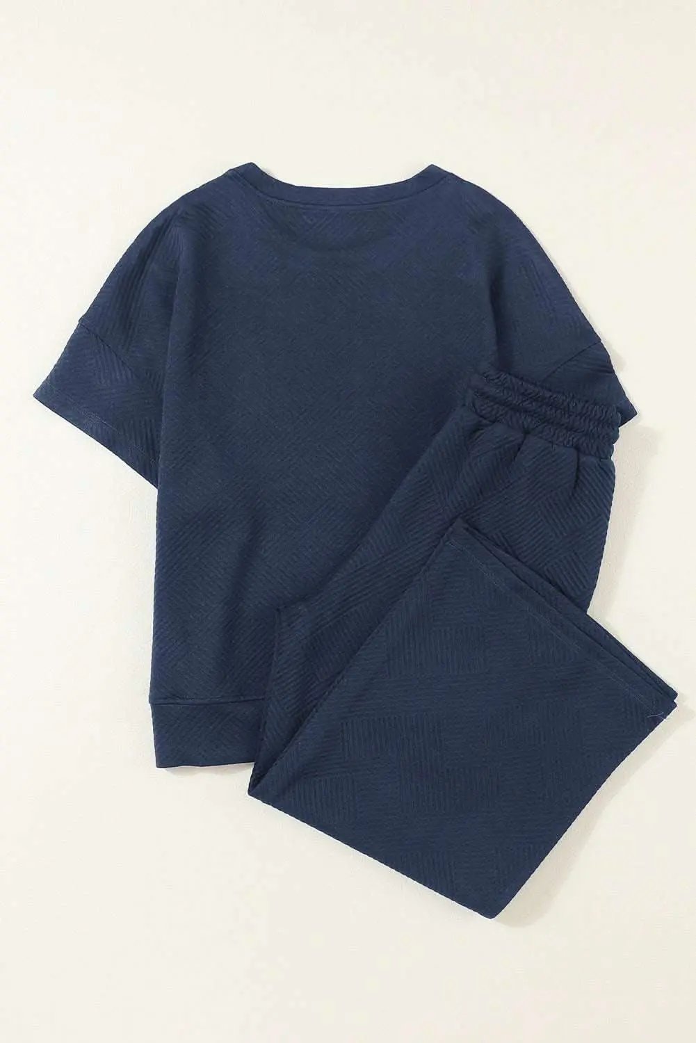 Navy Blue Textured Loose Fit T Shirt and Drawstring Pants Set - Love Salve